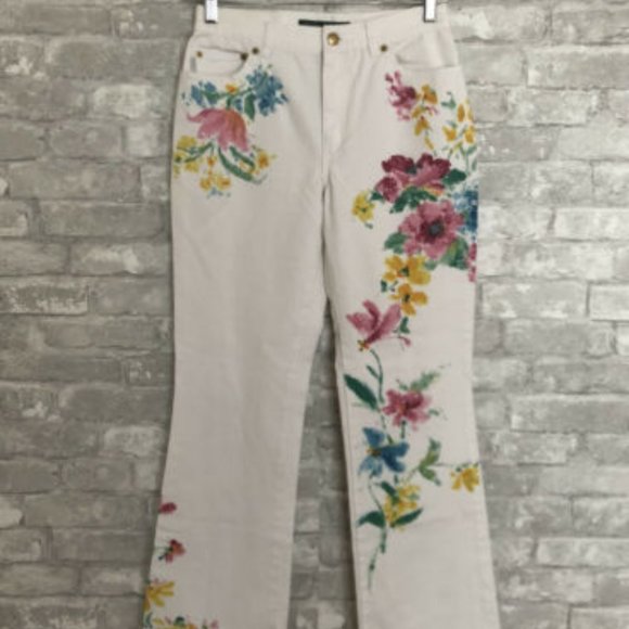 Ralph Lauren Denim - OUTSTANDING NWOT VTG 90s Lauren Hand Painted FLORAL Jeans, 10 Straight Leg